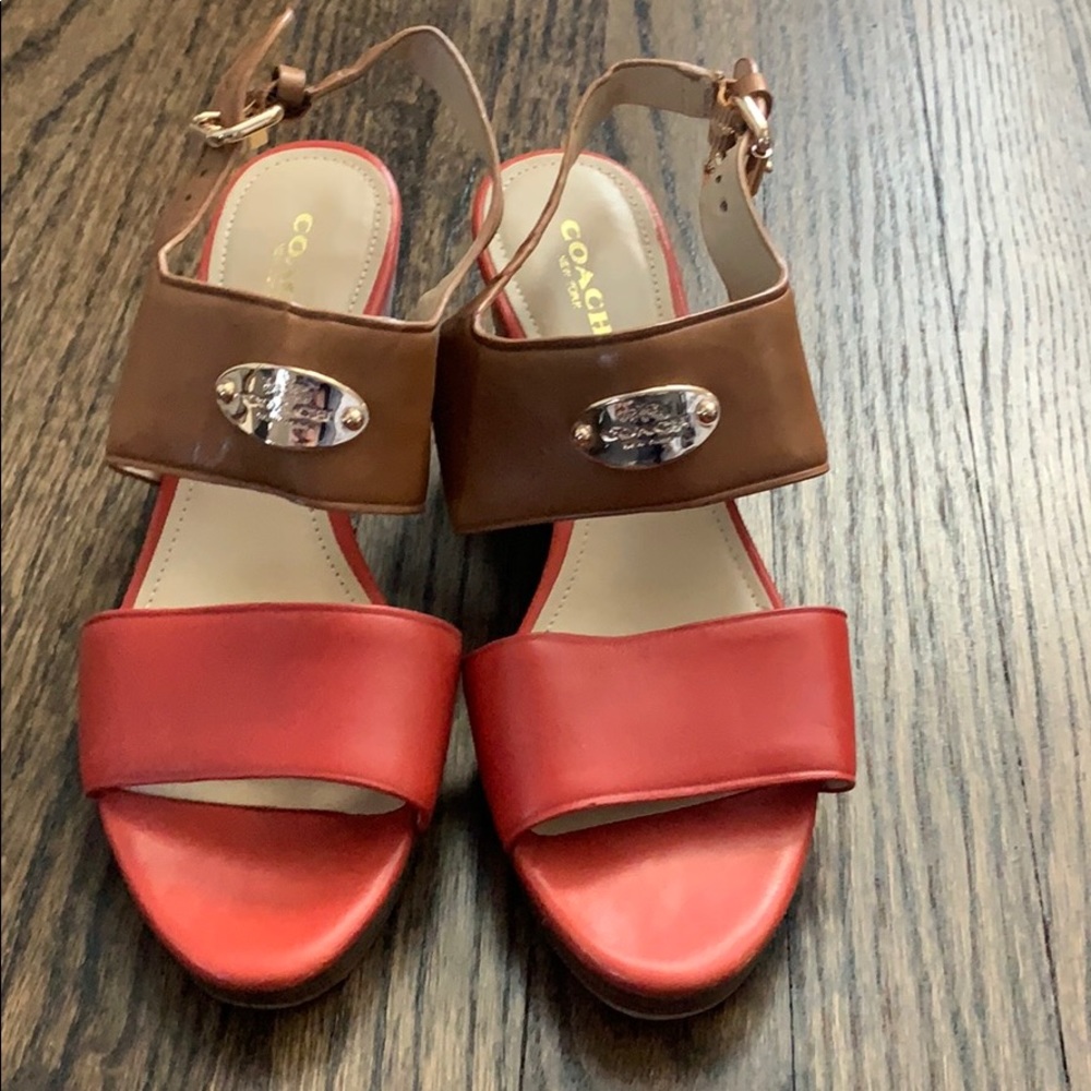 Coach wedges Red and tan leather with open toe